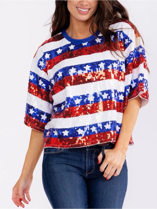 Tops - Sequin Star Striped Short Sleeve Top - Red, White & Blue